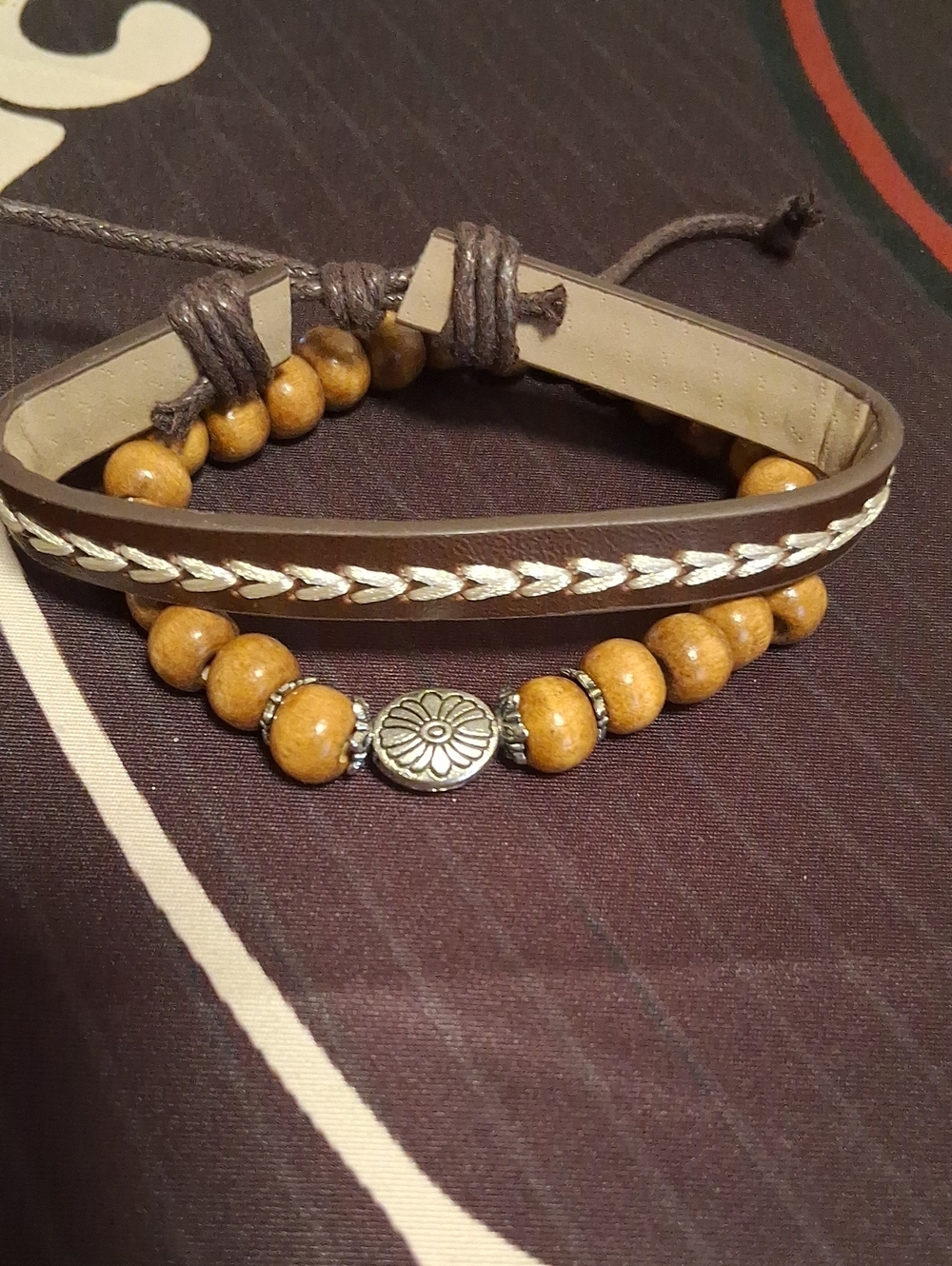 Boho Wooden Bead and Braided Faux Leather Bracelet Set - Honey Brown[ Universal]